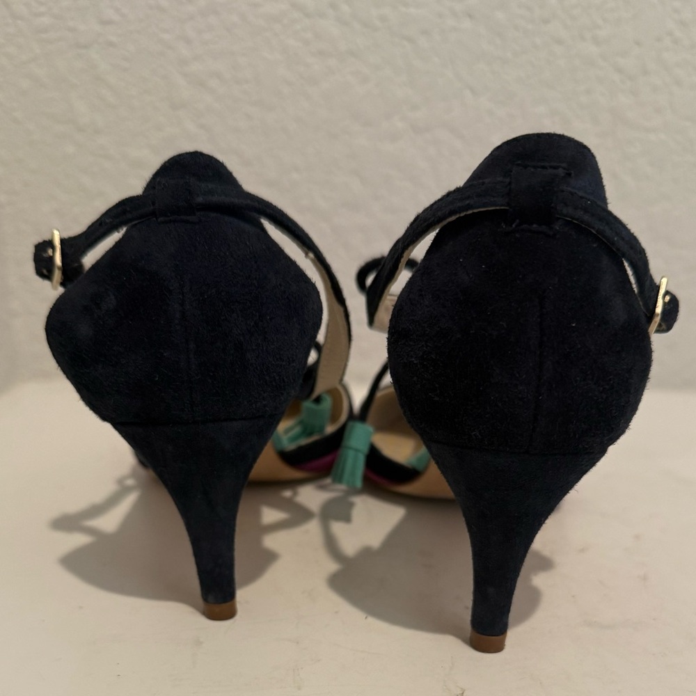 Boden Alice Suede Amethyst Navy Turquoise Tassel T-Strap Pointed Toe Heels EU 37 - Picture 6 of 8